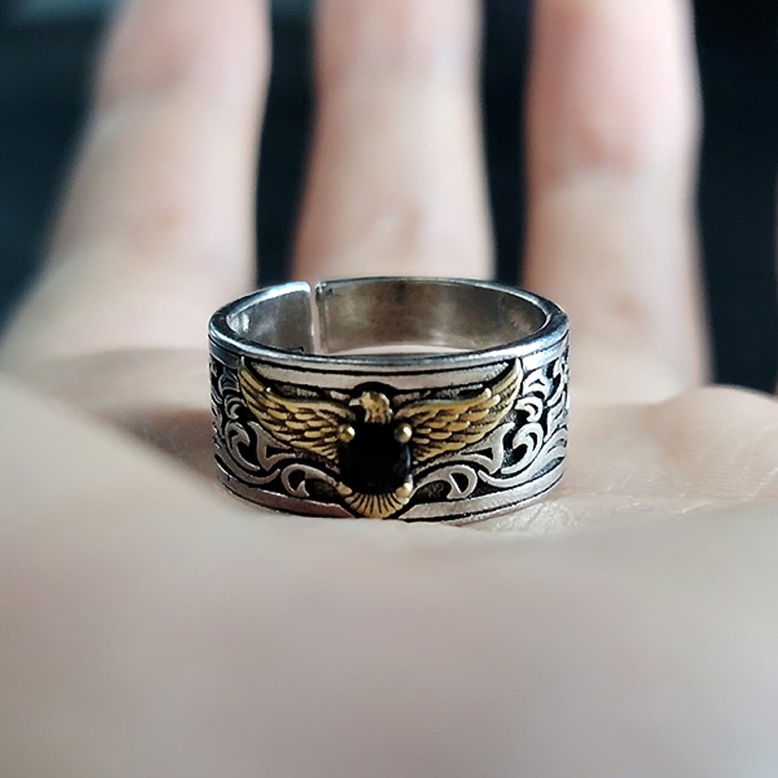 Ecliptor 실버 남자 엔틱 빈티지 명품 흑요석 날개 독수리 반지 상품이미지5