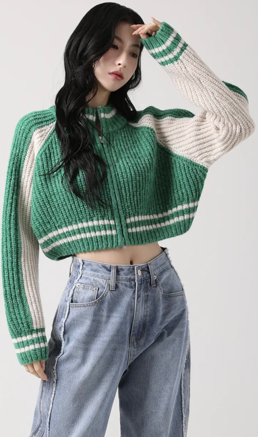 어반드레스(AVANDRESS)블록 래글런 니트 지퍼업 그린 상품이미지1