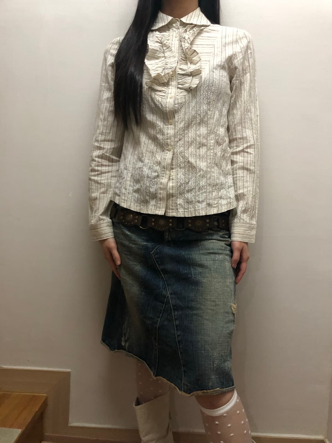 빈티지 화이트 스트라이프 프릴 블라우스 상품이미지5