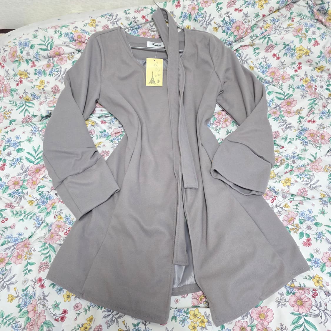 빈티지)허리끈포함 그레이 똑딱이 로맨틱 스나계st 모직 로브 미디 코트 상품이미지1