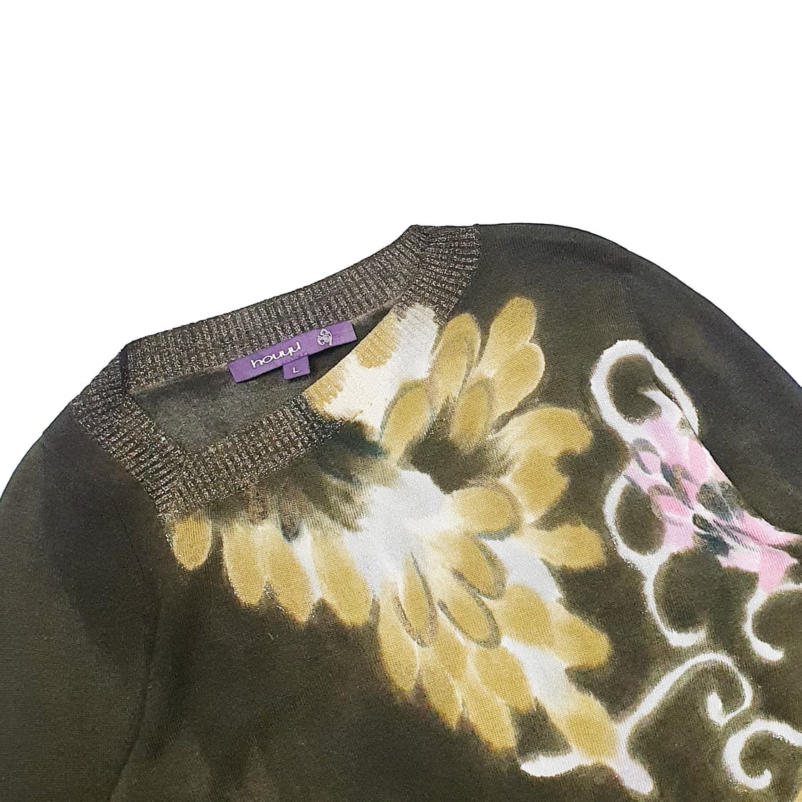 언발 넥 메탈릭 플라워 니트 스웨터 카키 상품이미지4