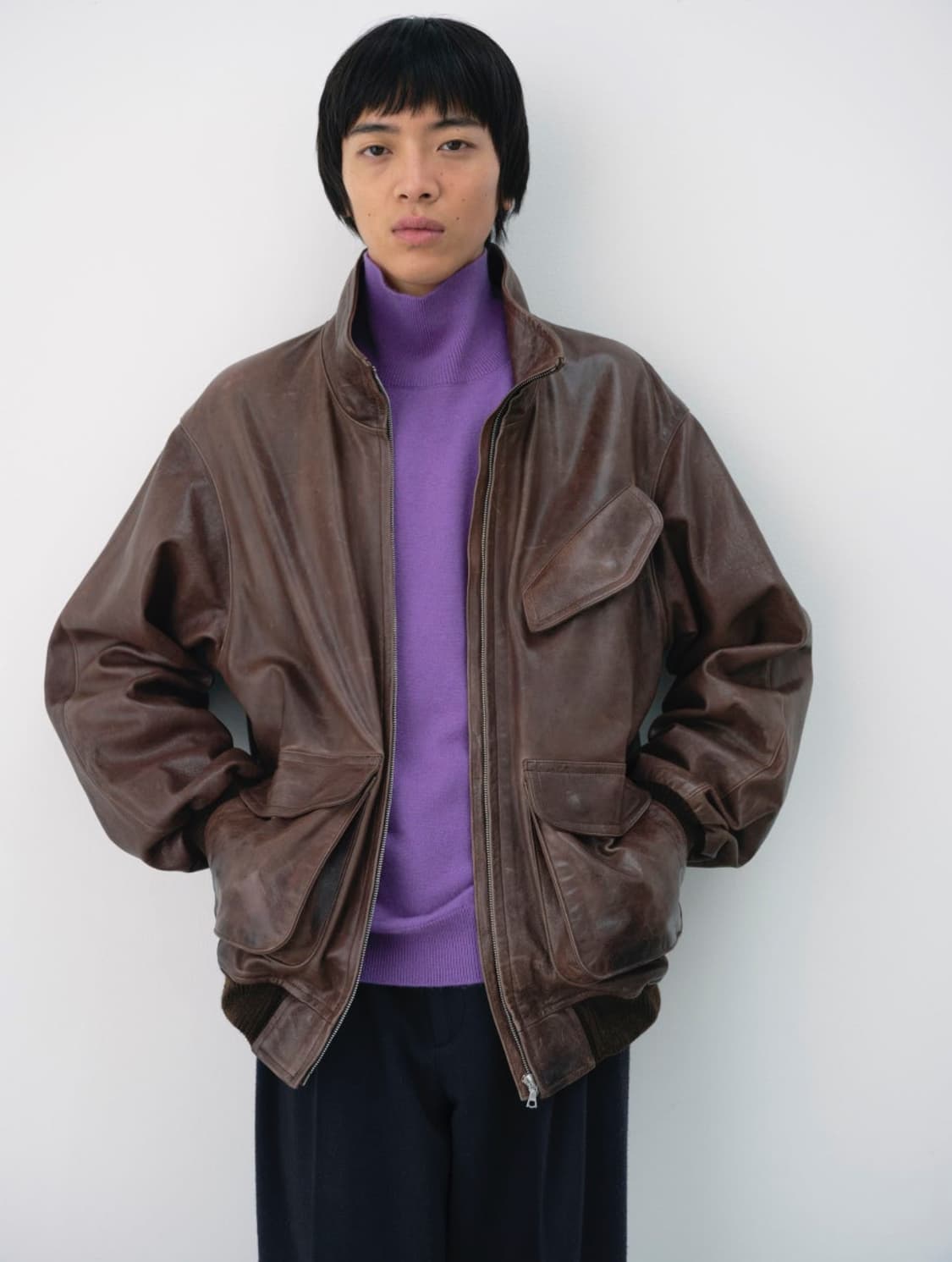 오라리 헤비 램 레더 블루종 다크브라운 4사이즈 상품이미지2