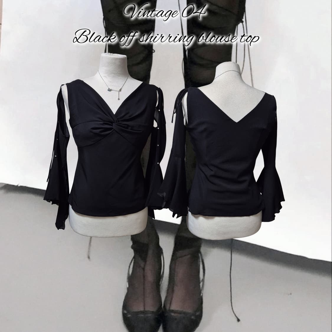 Vintage 04 Black off shirring blouse top 상품이미지1
