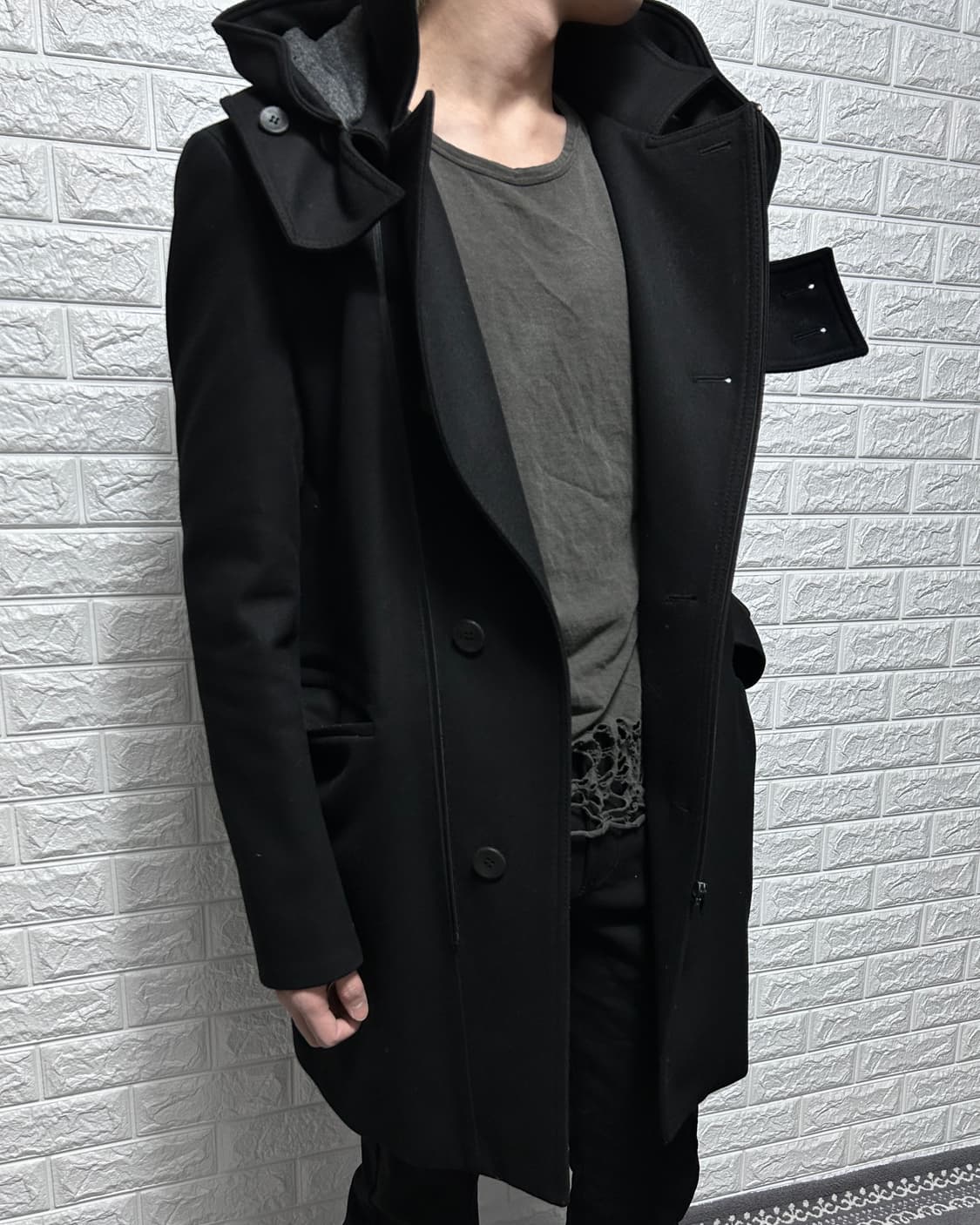 우영미 사선 사무라이 후드 울 코트 상품이미지3