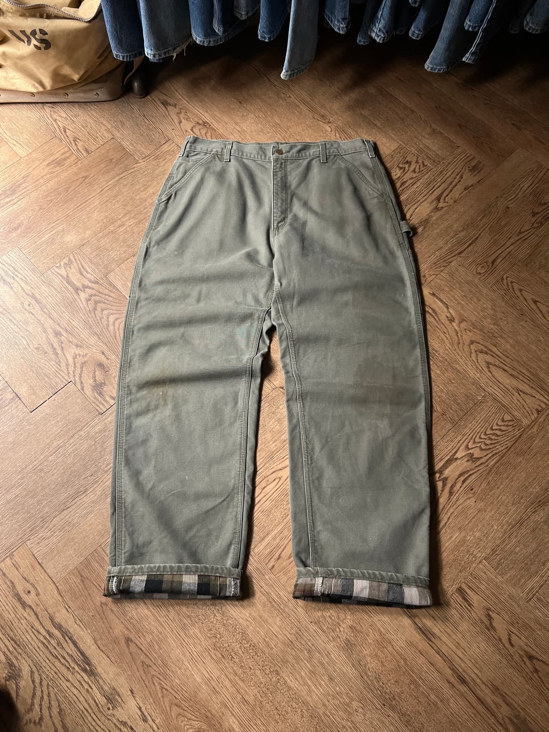 [38]칼하트 USA 체크 라이닝 모스그린 싱글니 카펜터 워크 팬츠 상품이미지2