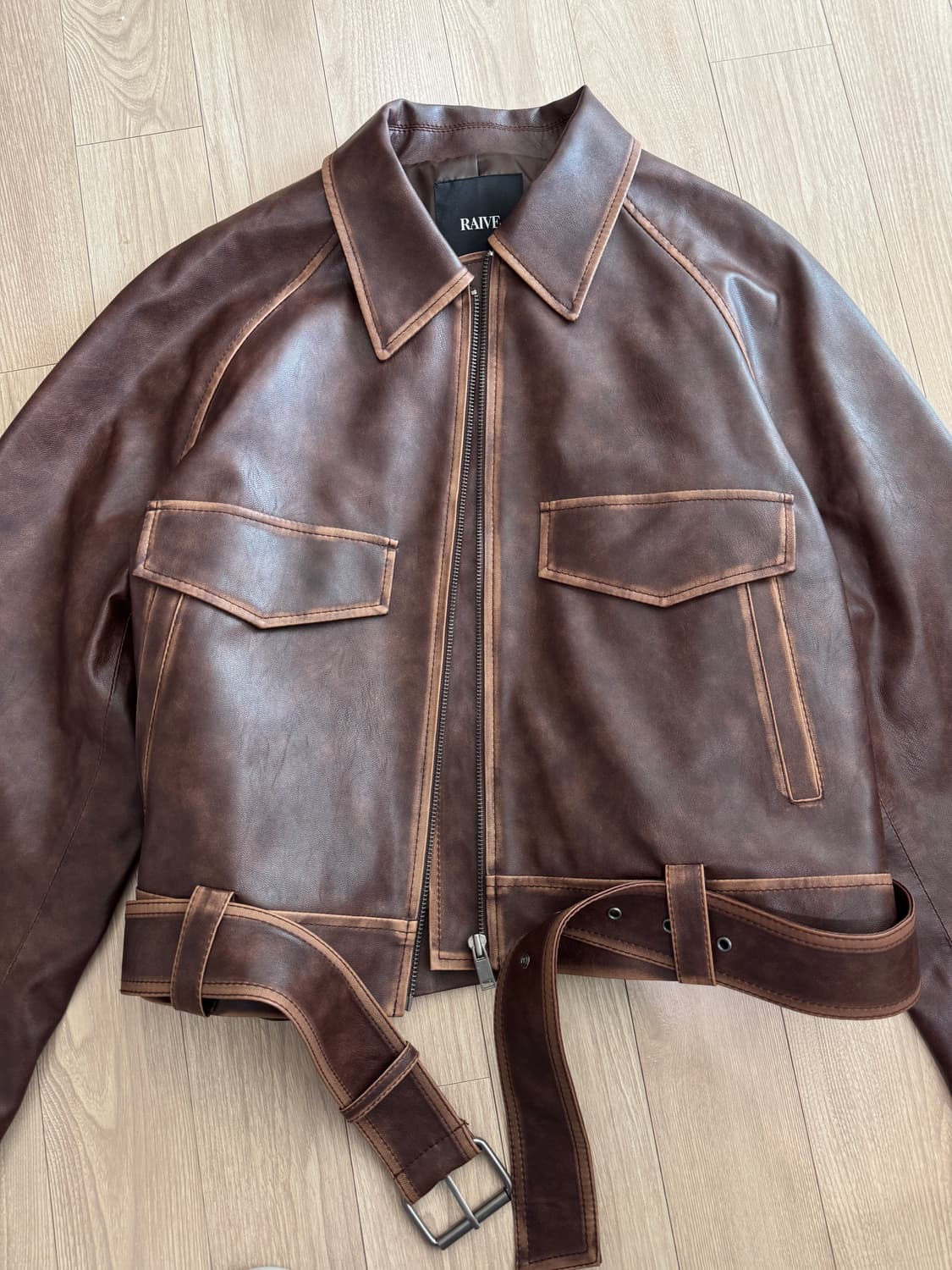 레이브) 빈티지 워싱 레더 자켓 브라운 상품이미지4