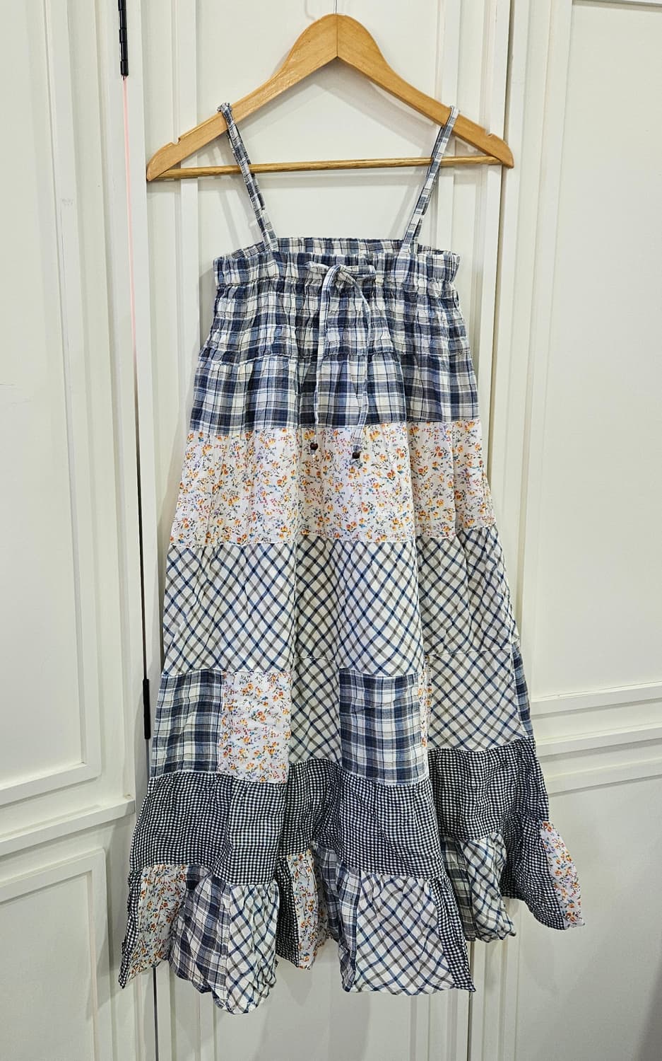 패치워크 체크 플라워 끈 원피스 상품이미지2