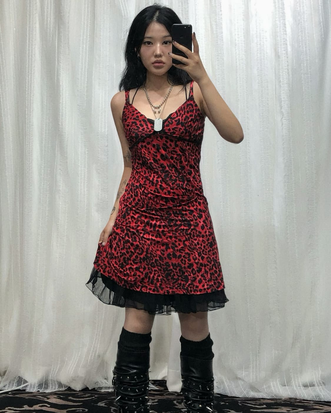 레드 레오파드 슬립 원피스 코디 상품이미지4