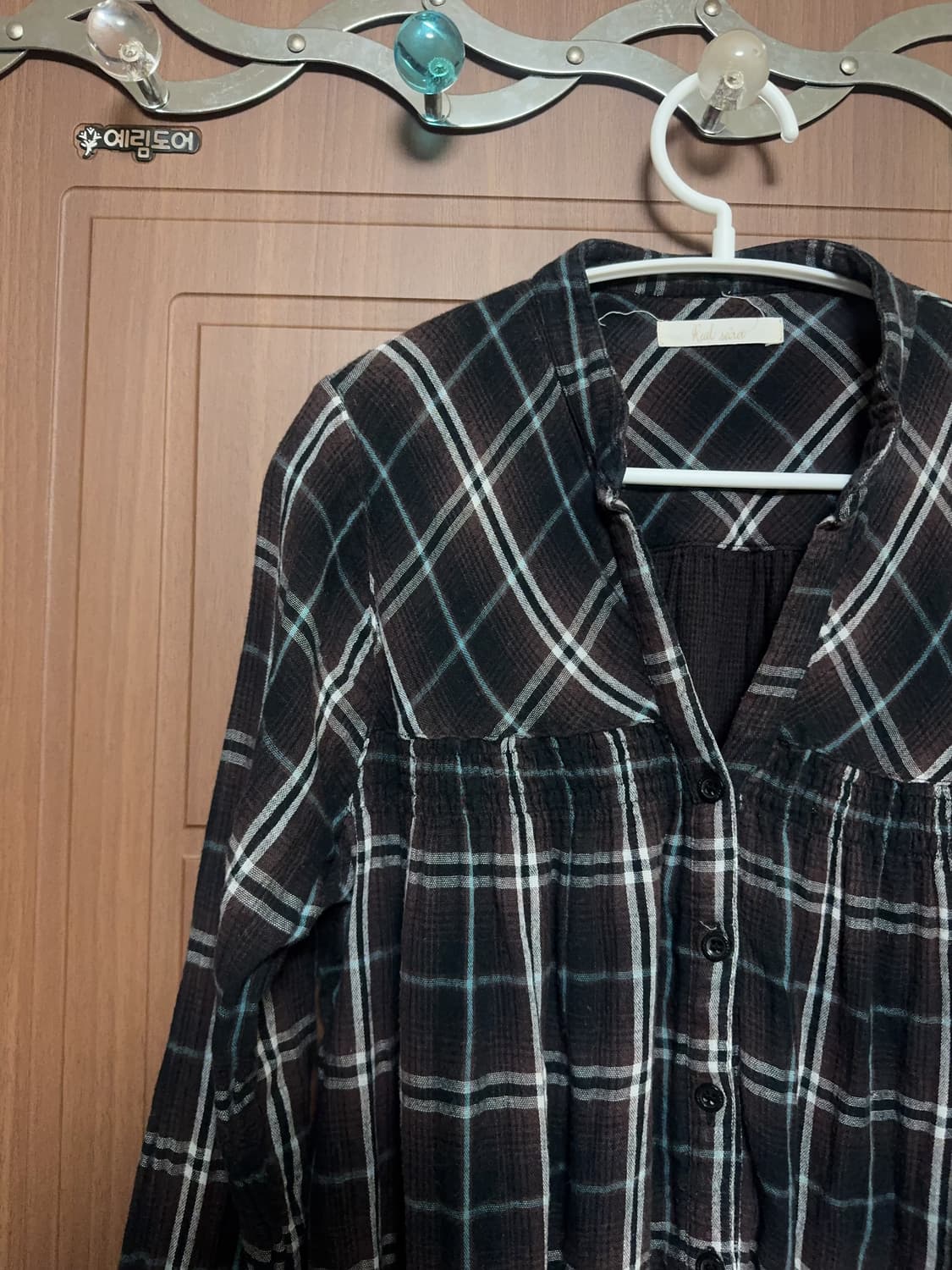 모리걸 하구미 일본 빈티지 브라운 체크 셔츠 남방 블라우스 원피스 상품이미지2