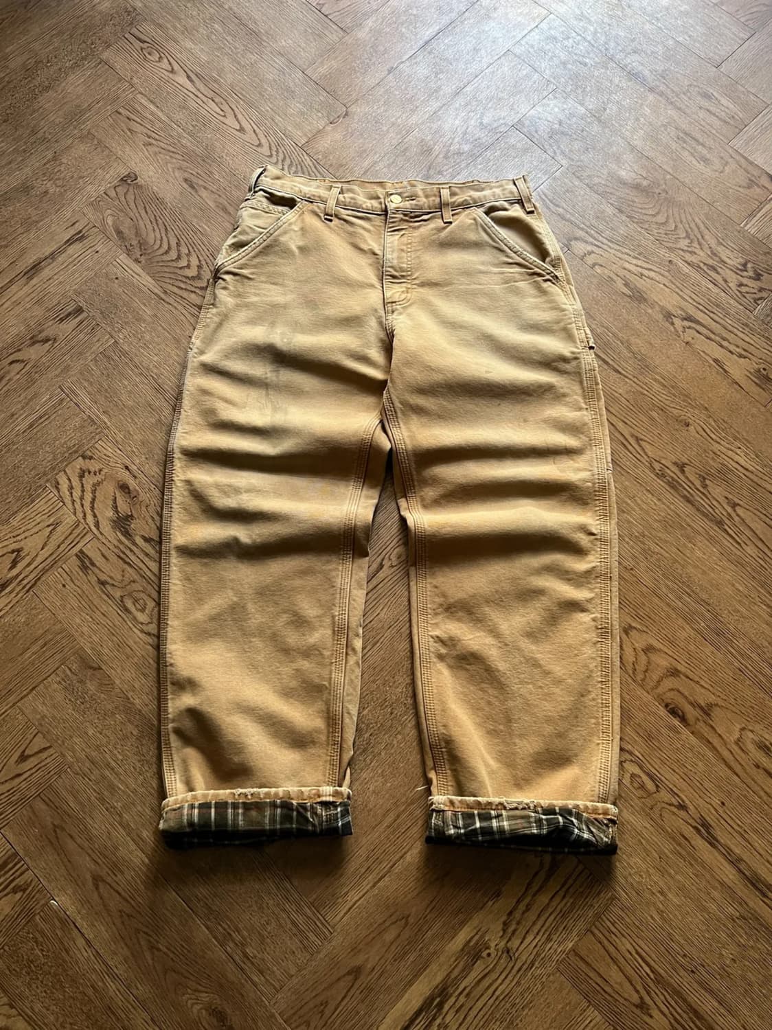 [32]칼하트 USA 체크 라이닝 더티워싱 브라운 싱글니 카펜터 워크팬츠 상품이미지1