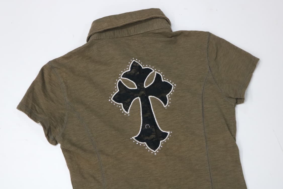 INCEDE 인세이드 빈티지 카키 십자수 스터드 반팔 셔츠 상품이미지3
