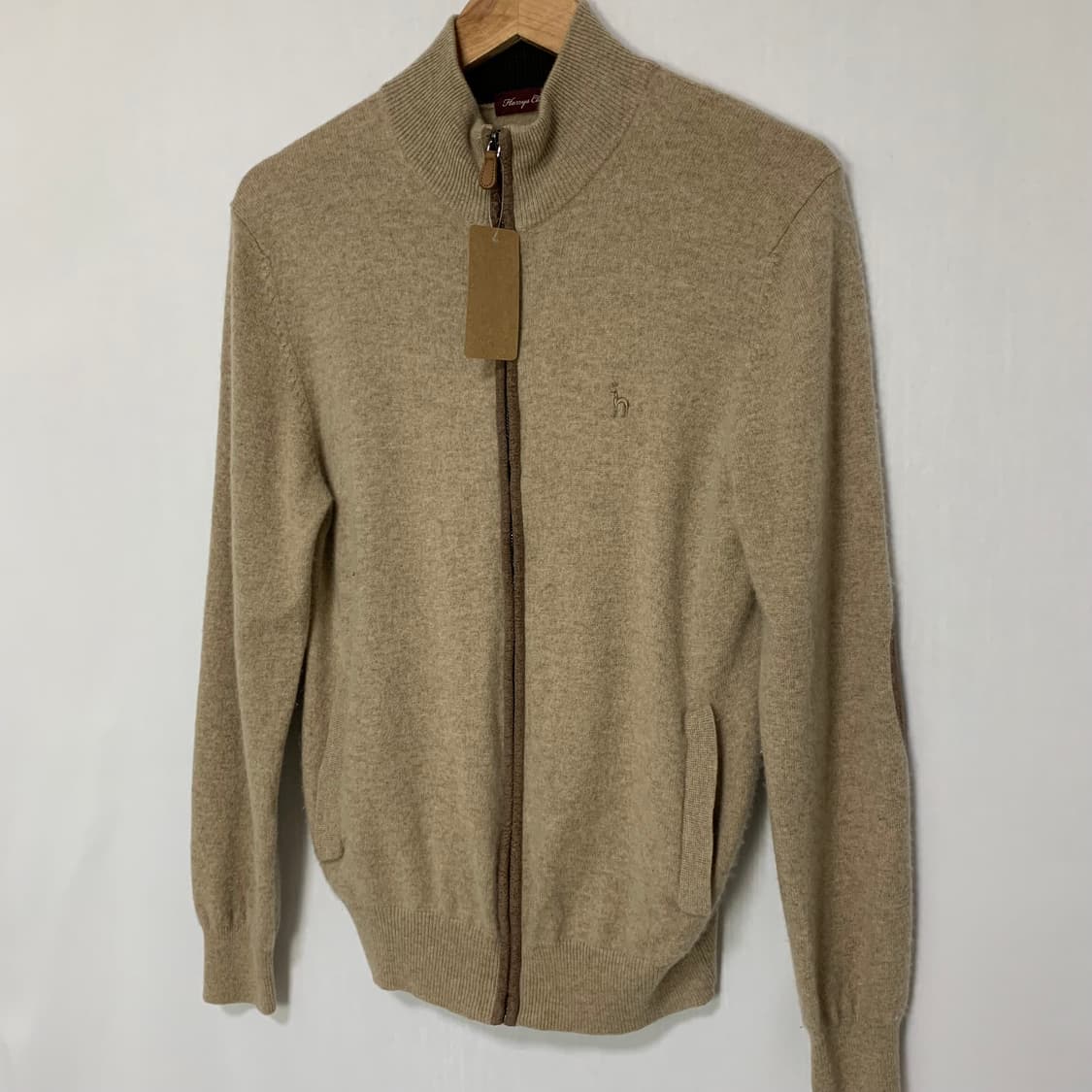 헤지스 빈티지 캐시미어 팔꿈치 패치 니트 집업 가디건 베이지 상품이미지2