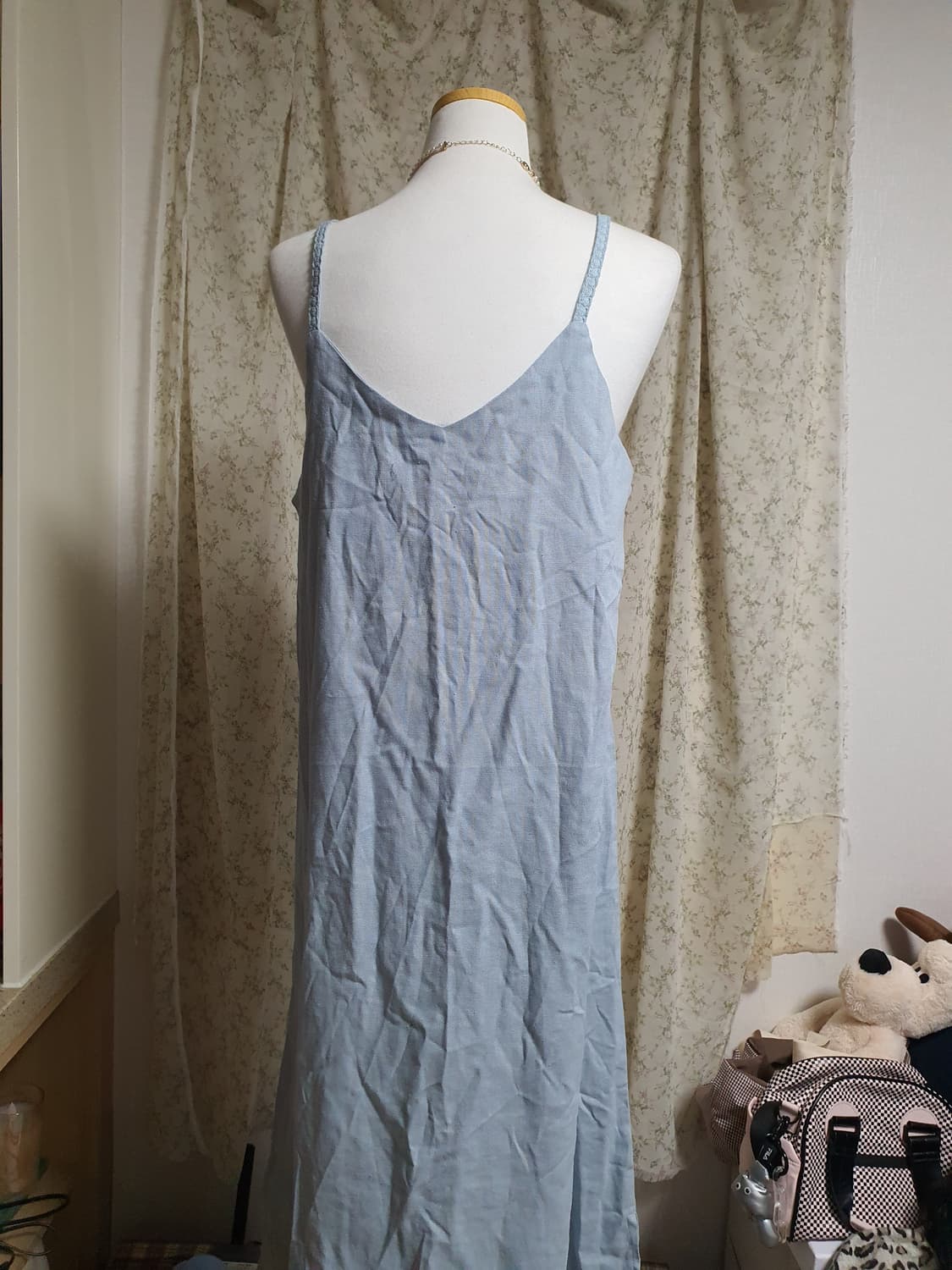 [빈티지] 면 끈 롱 원피스 하늘색+아이보리 2벌 일괄 상품이미지5