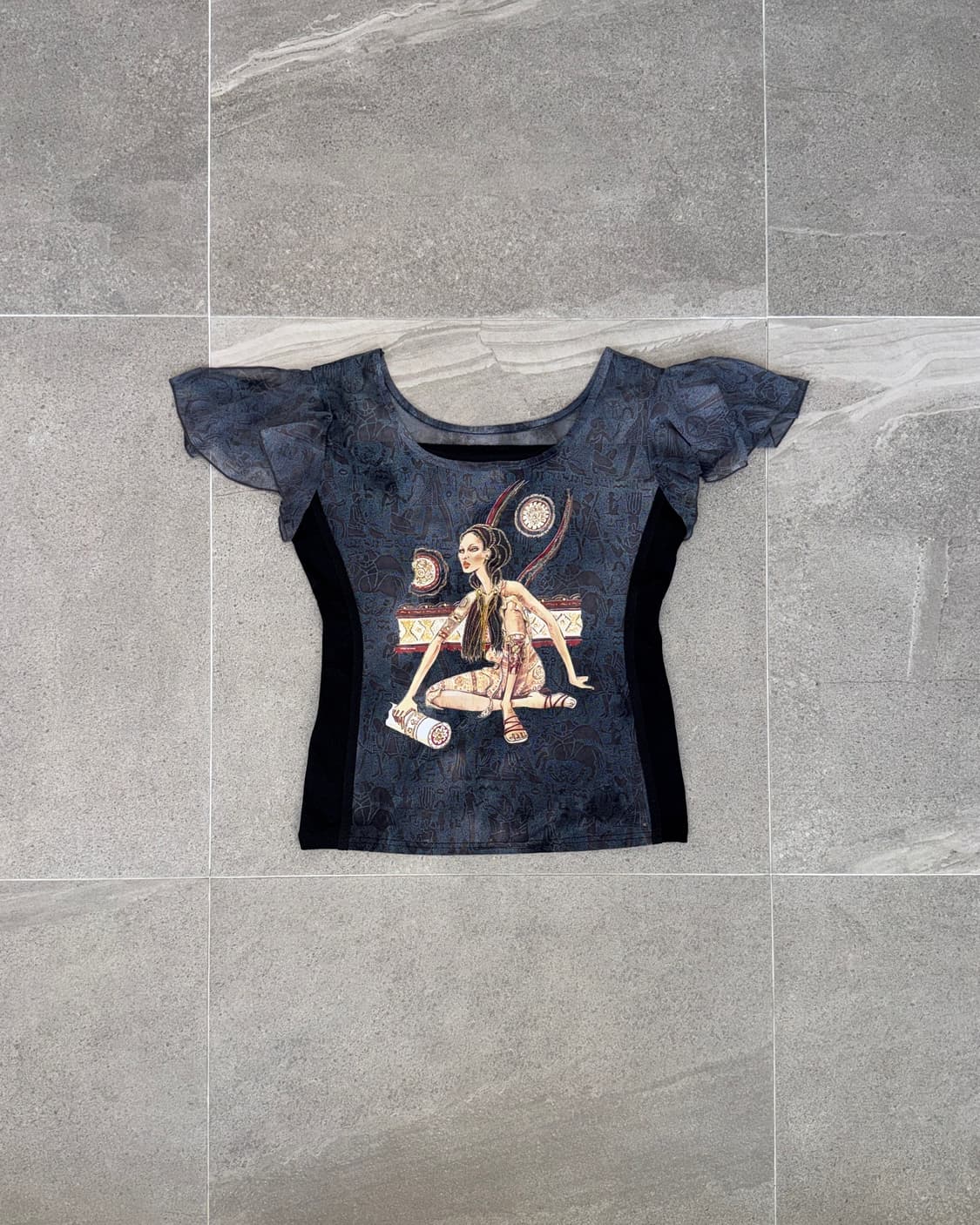 Navy ancient girl graphic mesh top 상품이미지1