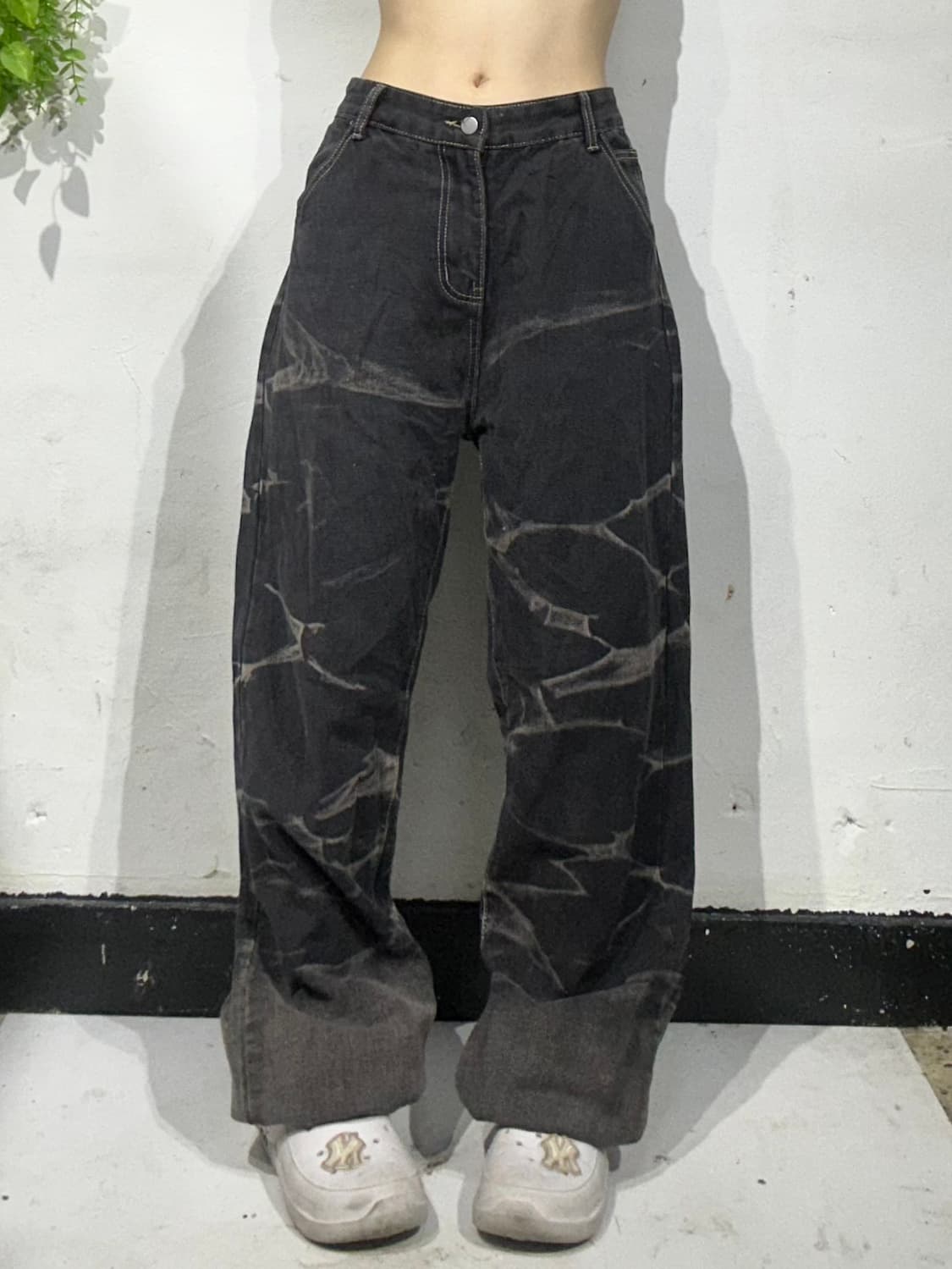 일본 빈티지 패턴 워싱 와이드 스트릿 와이드 흑청 데님 청바지  상품이미지2