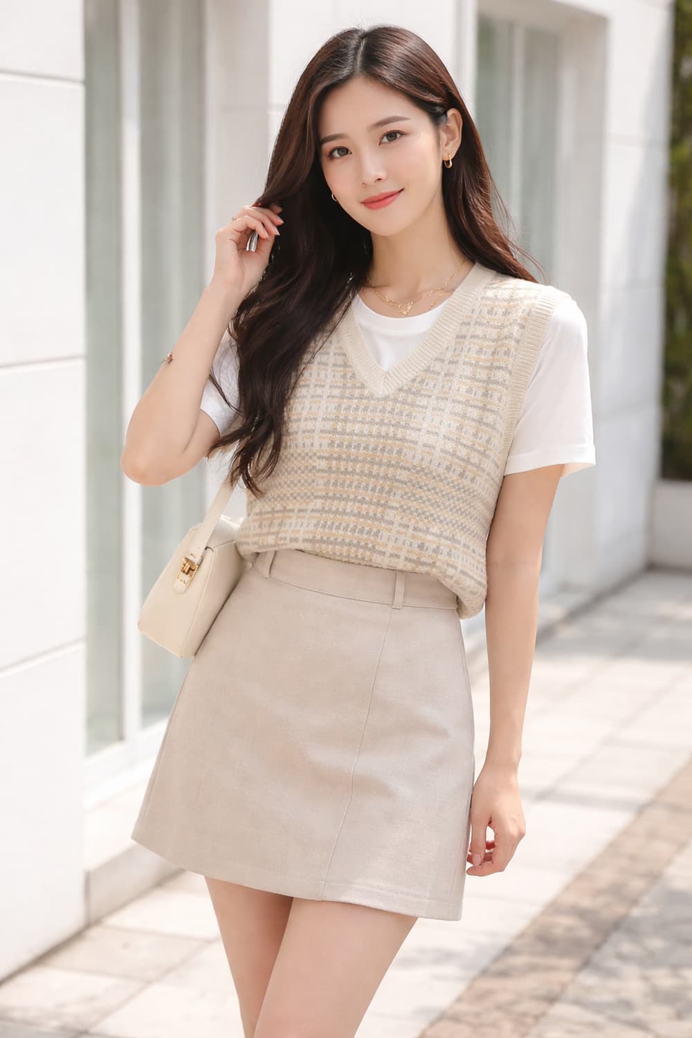 트위(TWEE) 체크 패턴 브이넥 니트 베스트 상품이미지1