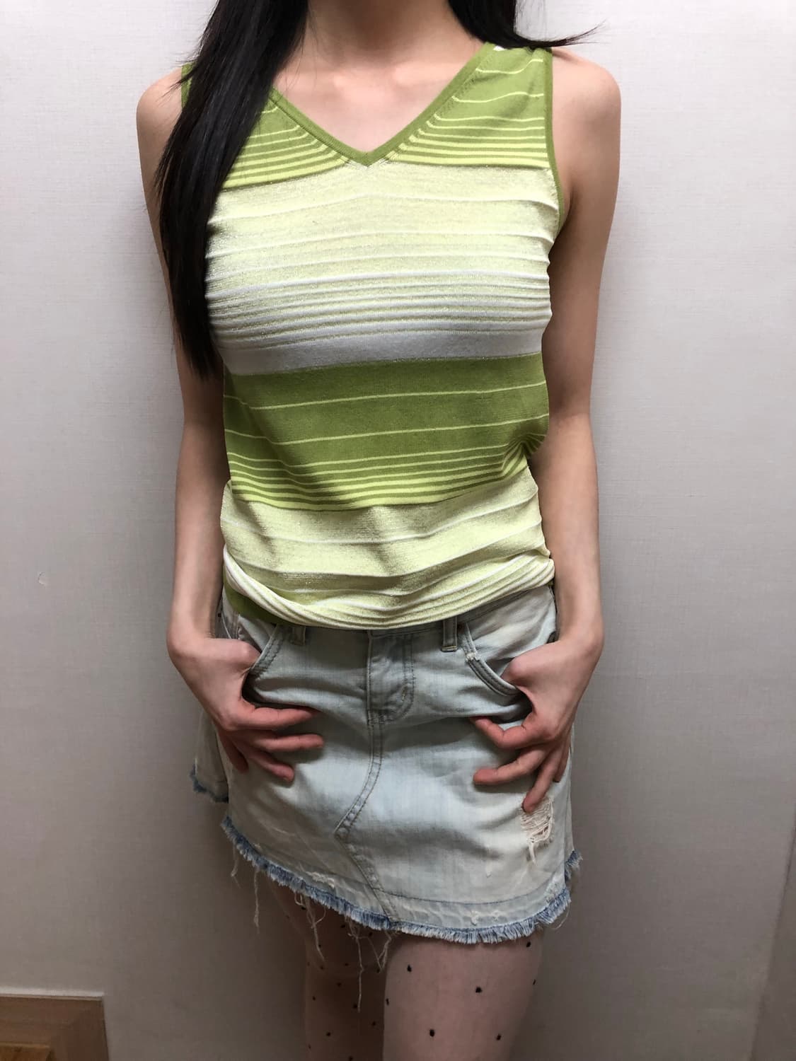 빈티지 그린 스트라이프 글리터 슬리브리스 상품이미지5