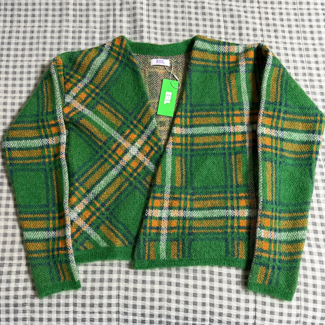 (M) ERL 이알엘 체크 모헤어 가디건 그린 상품이미지3