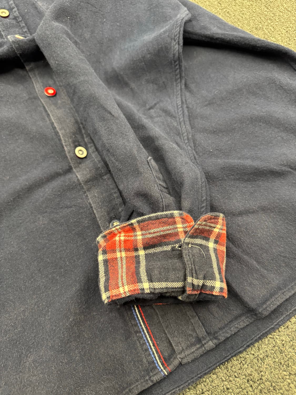 XL)Beams Heart 빈티지 체크패턴 포인트 코튼 네이비 긴팔 셔츠 상품이미지4