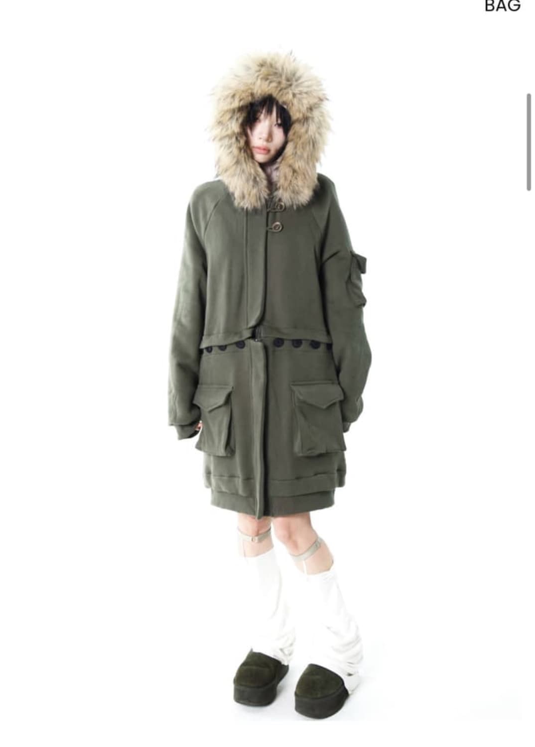 Oshigh 2way Fur Hood Zip Up Khaki 상품이미지1