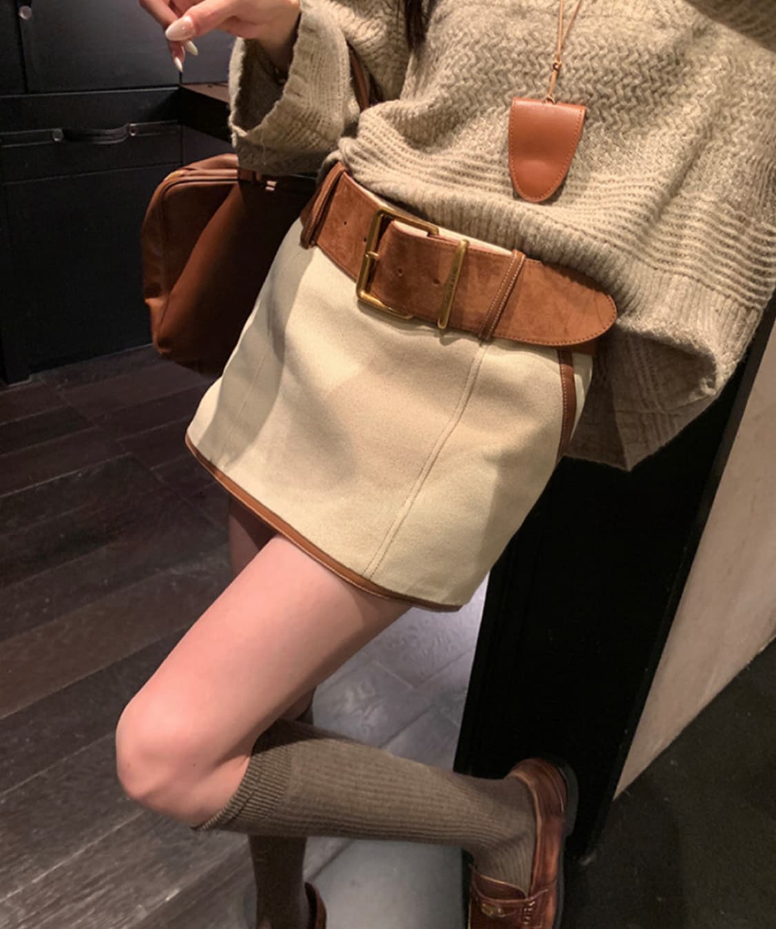 빈티지 브라운 벨트 아이보리 미니 스커트 (벨트포함) 상품이미지1