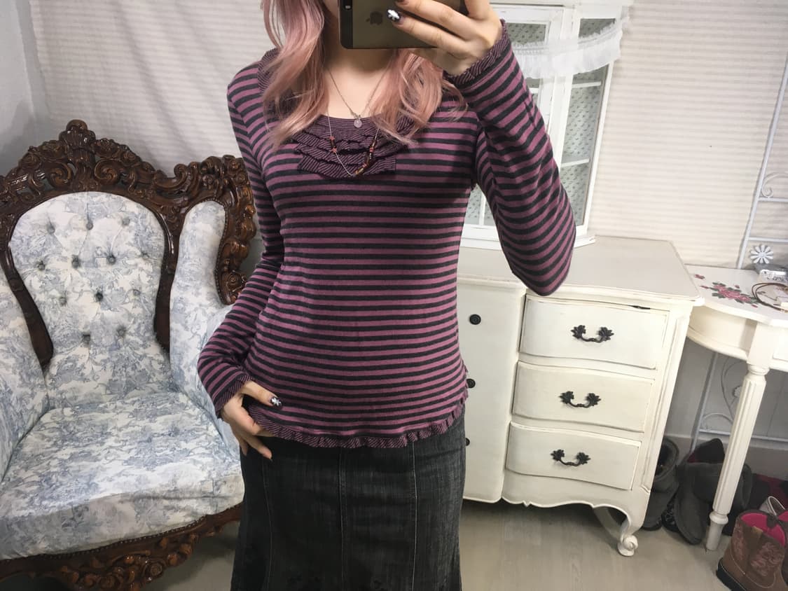 jpn vintage pink stripe frill knit 상품이미지3