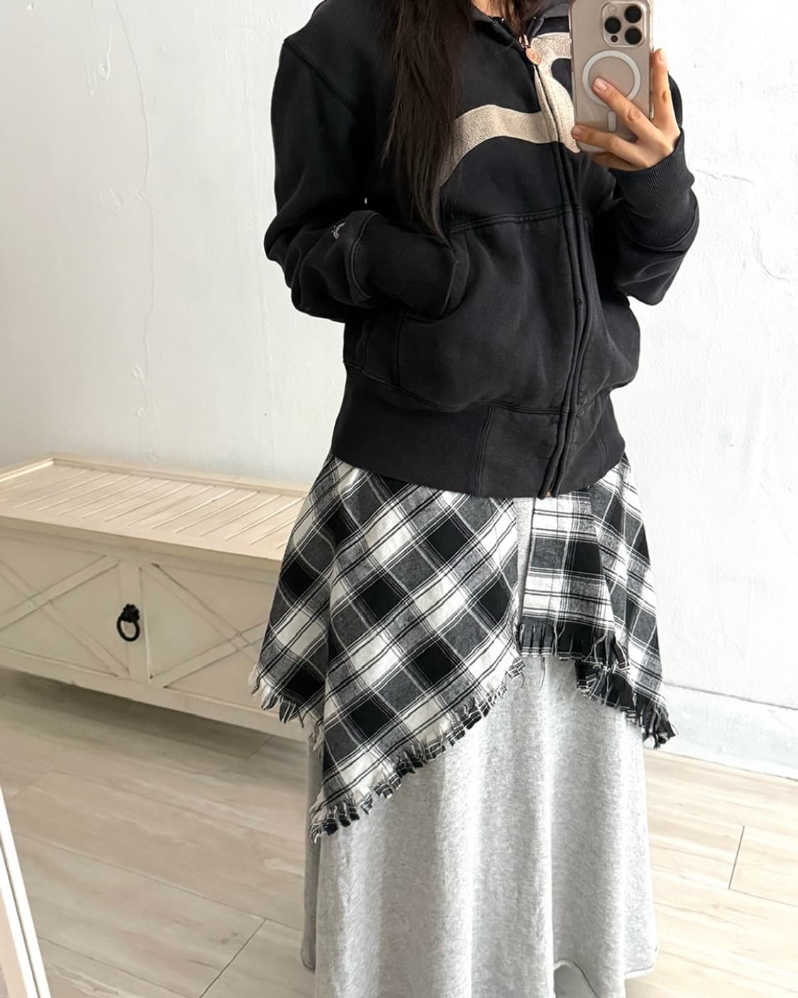 Check layered skirt+gray long skirt set 상품이미지8