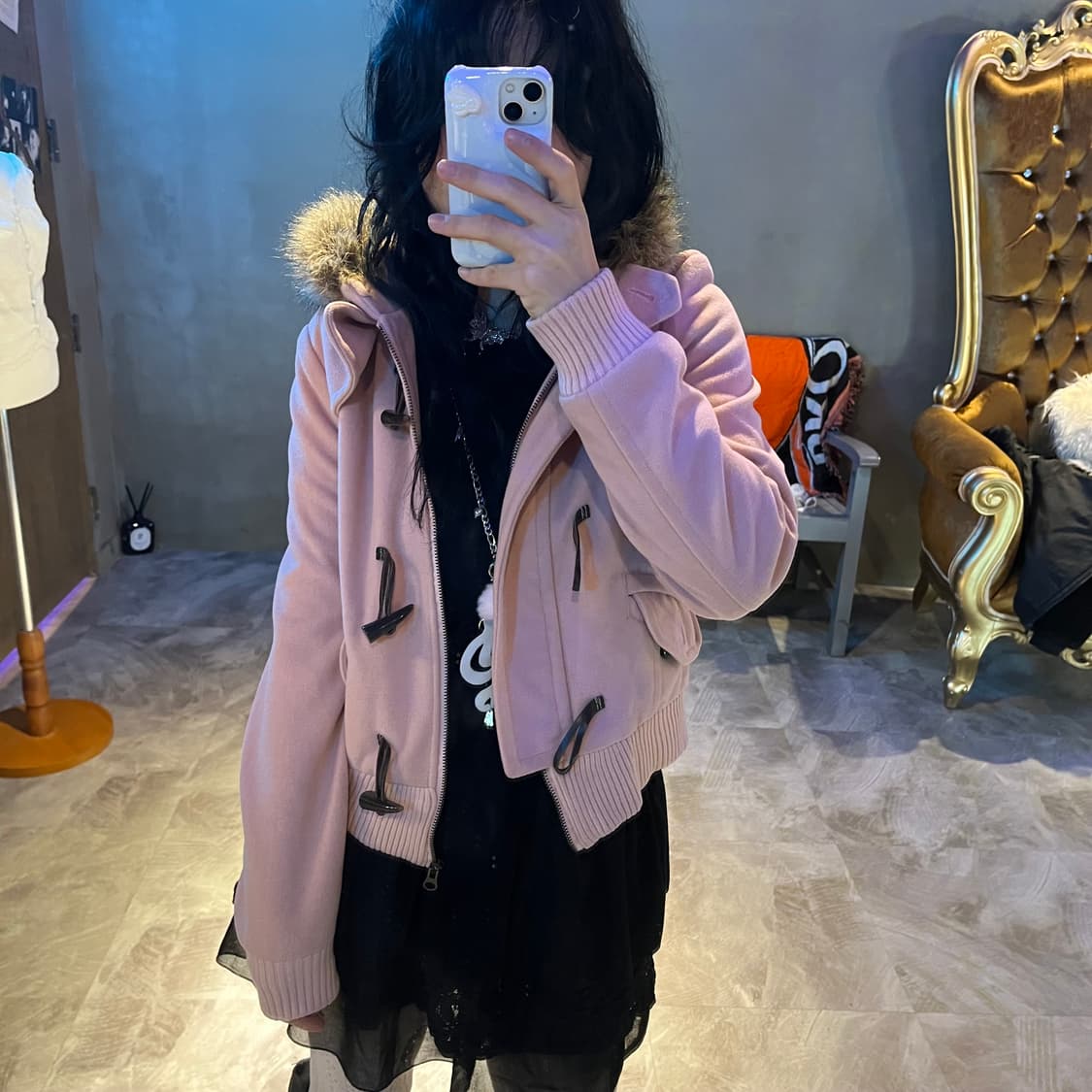 퍼 후드집업 떡볶이 코트 (연핑크)  상품이미지4