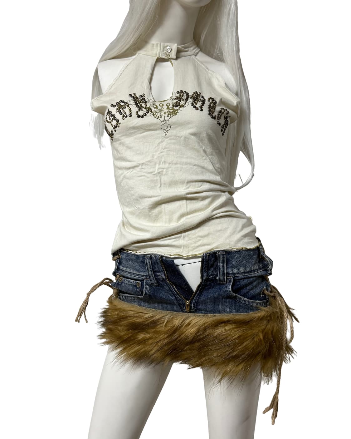 갸루맛 빈티지 퍼 데님 스커트 상품이미지1