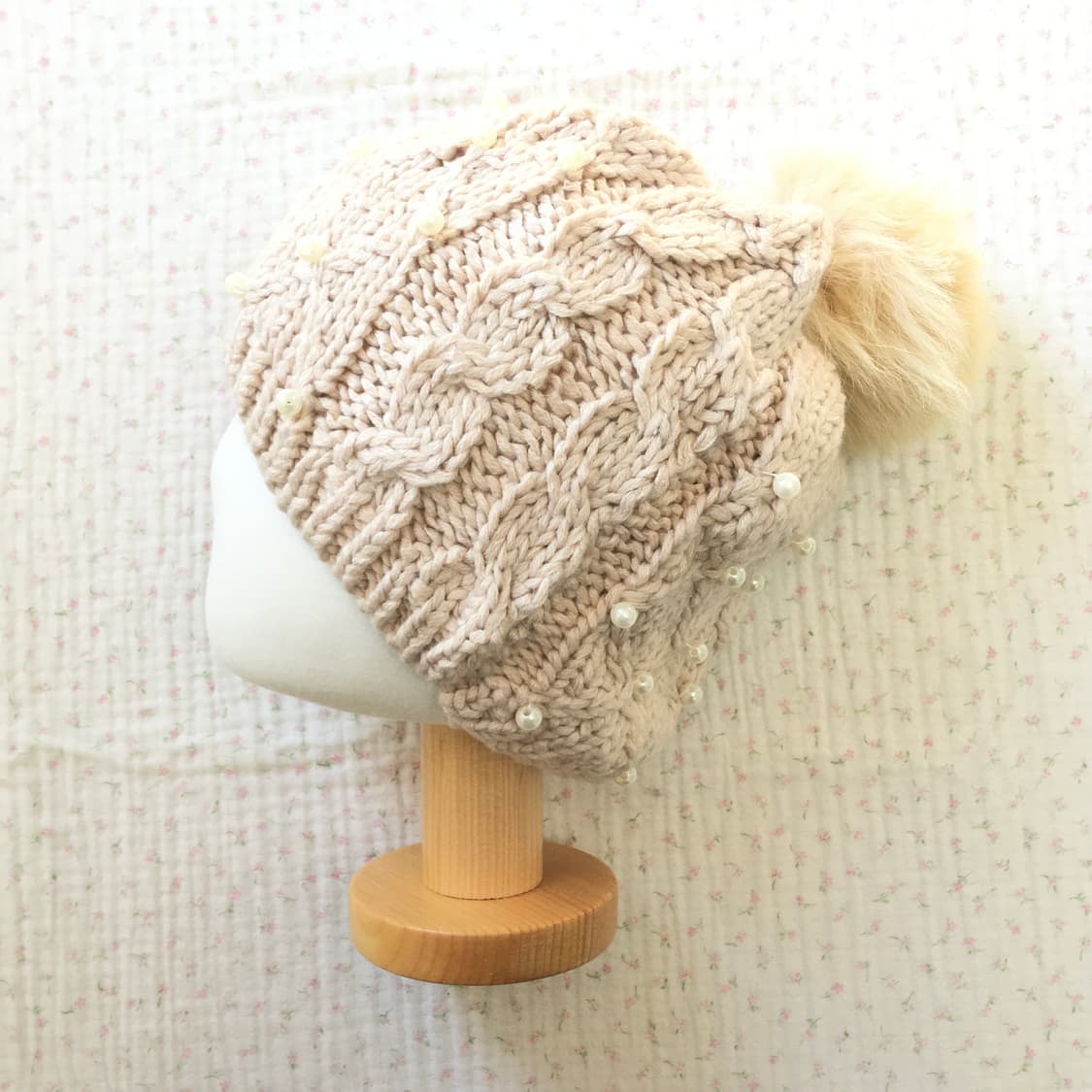 JPN/ 털방울 진주 니트 핸드메이드 비니 갸루비니 라떼갸루 상품이미지2