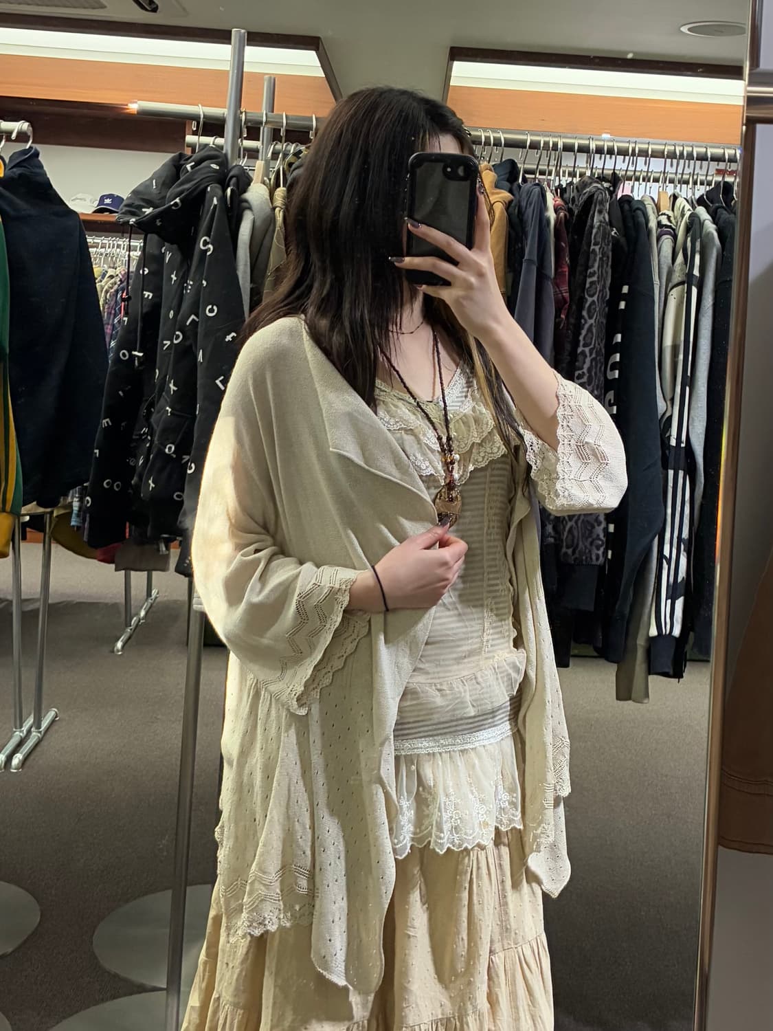 OS)Japanese vintage 여성 레이스 아이보리 니트 가디건 상품이미지1