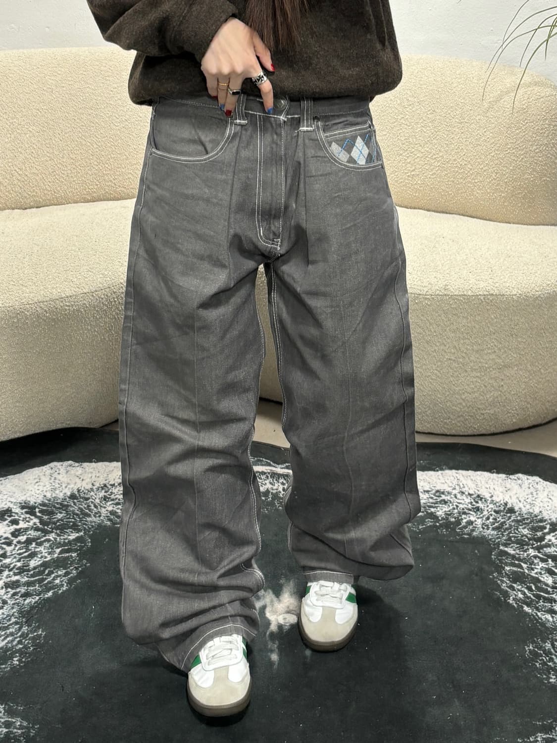 90s 빈티지 아가일 포켓 초와이드 데님 팬츠 상품이미지2