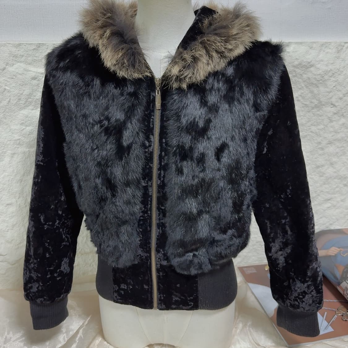 빈티지 다크 여우털후드 토끼털 벨벳 니트자켓 후드집업 상품이미지2