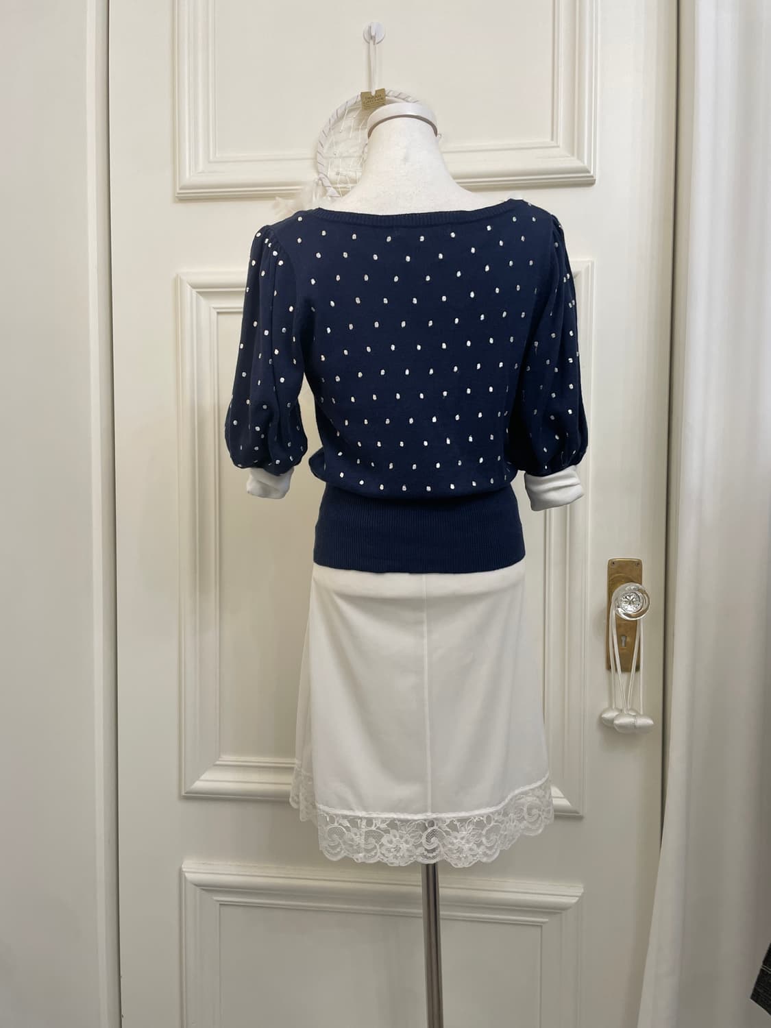 navy dot bow point knit top&white lace s 상품이미지3