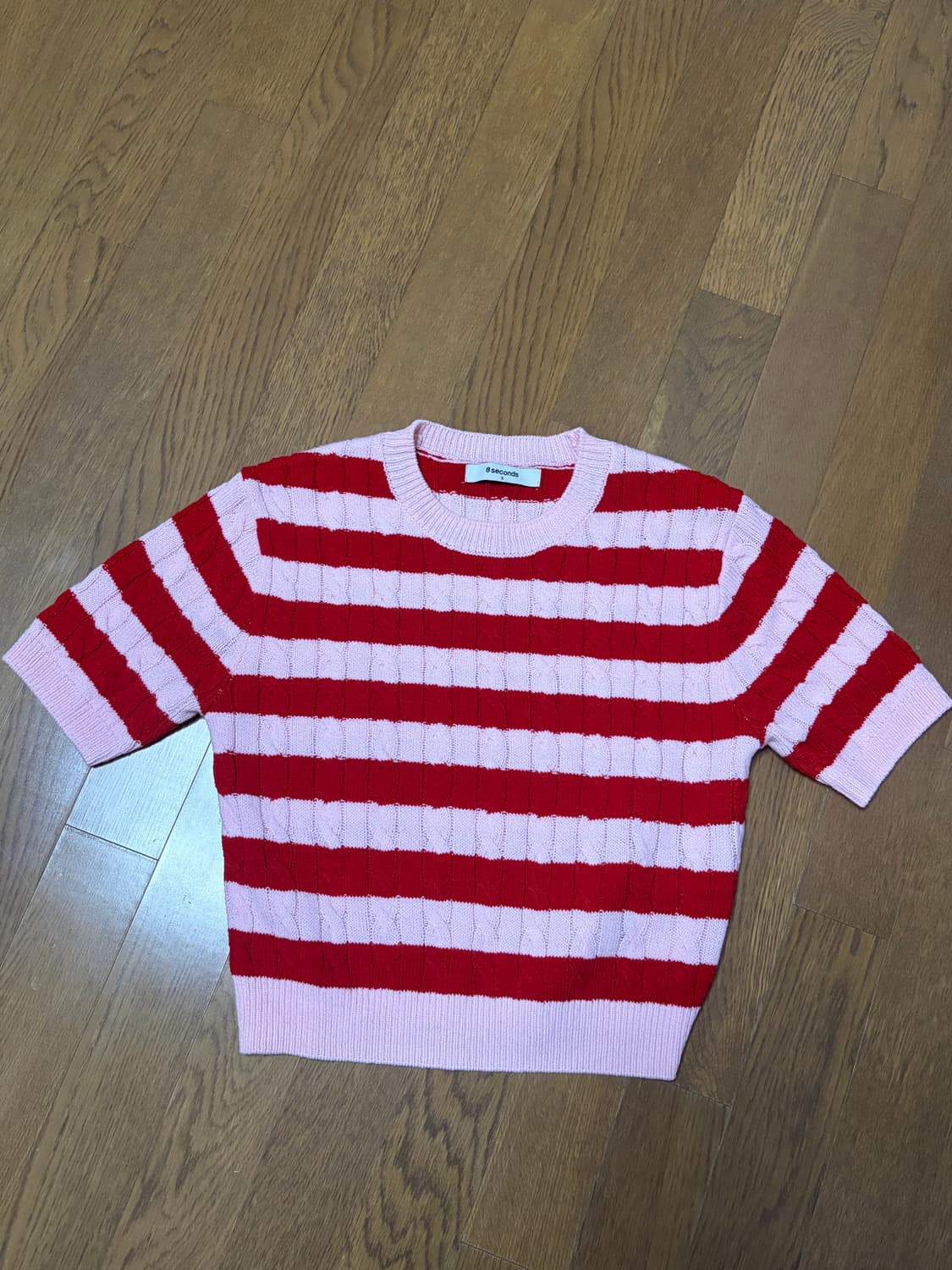 에잇세컨즈 스트라이프 반팔 니트 핑크 레드 상품이미지5