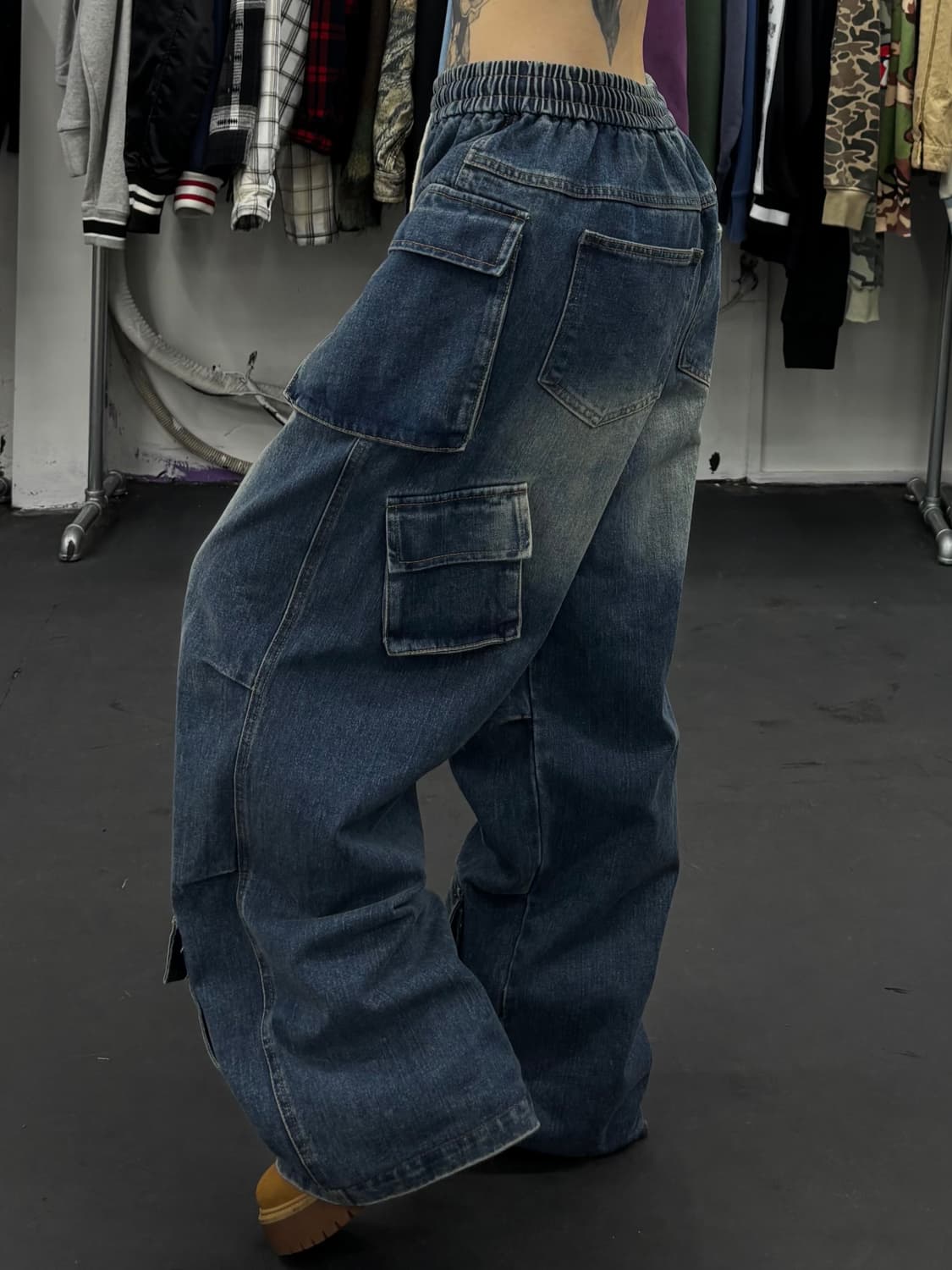 밴딩 와이드 데님 카고팬츠 상품이미지4