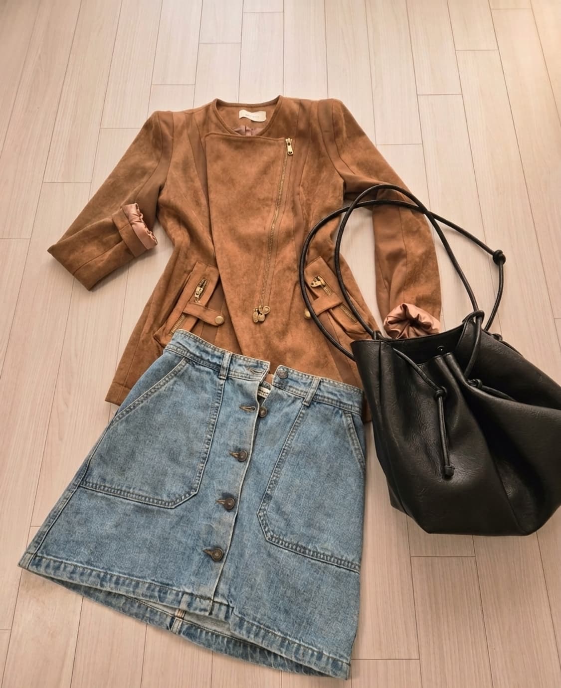 노카라 스웨이드 비대칭 지퍼 자켓 / 카멜 브라운 상품이미지1