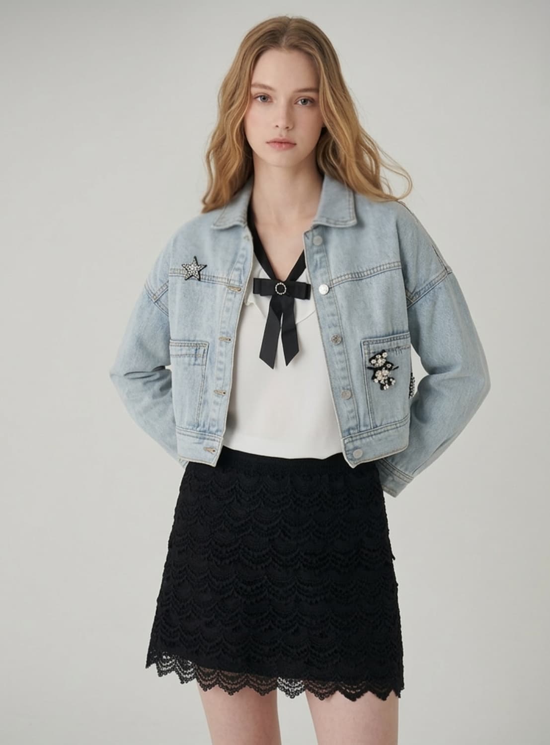 샤틴 쥬얼리와펜 크롭 데님자켓 상품이미지1
