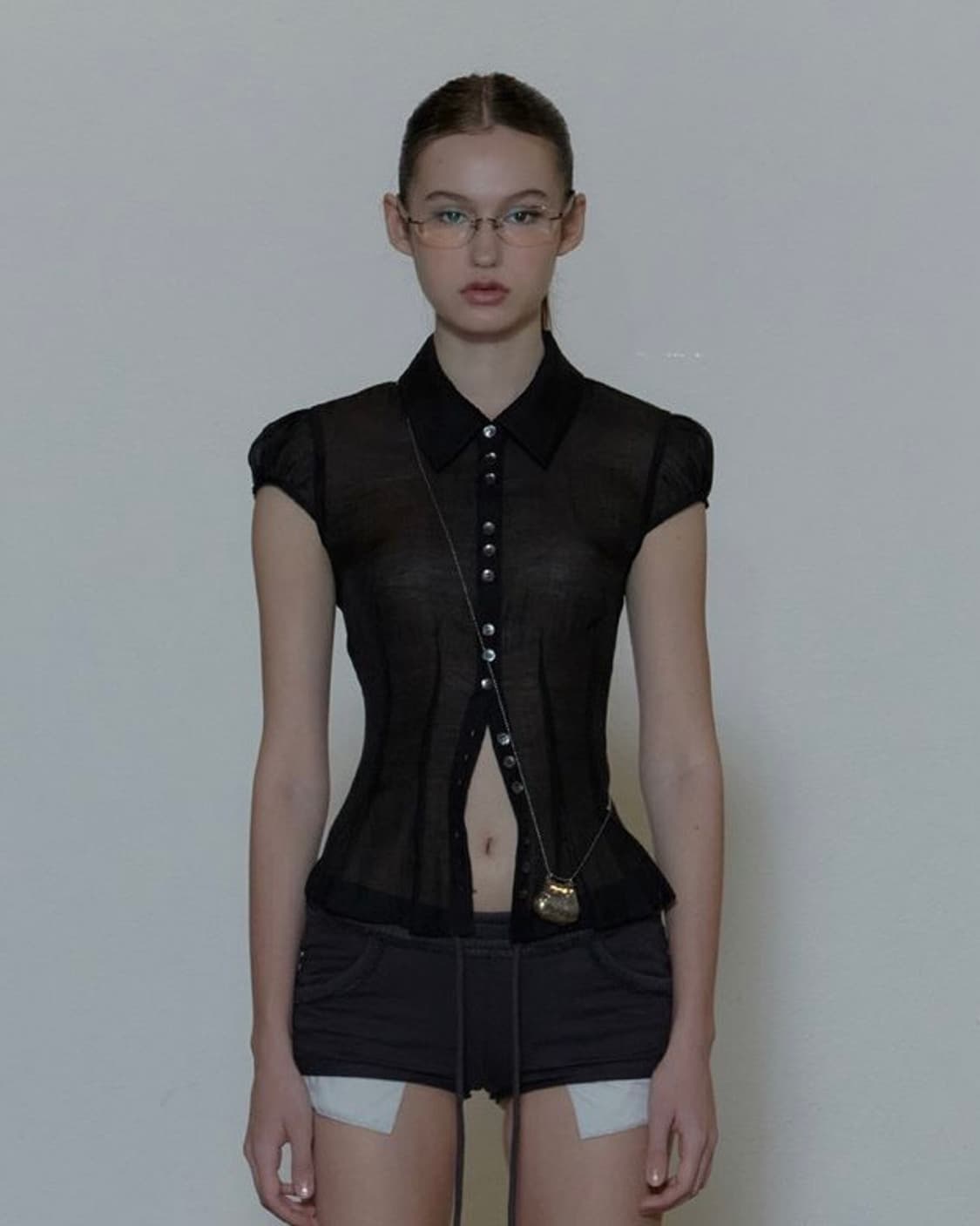 스컬프터 Sheer Pleated Hem Blouse Black S 상품이미지2