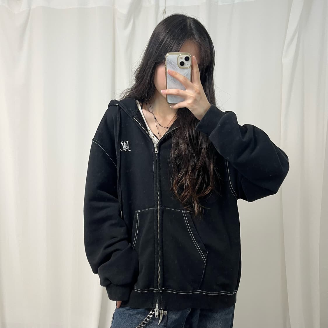 Wooalong black two-way hood zip-up  상품이미지1