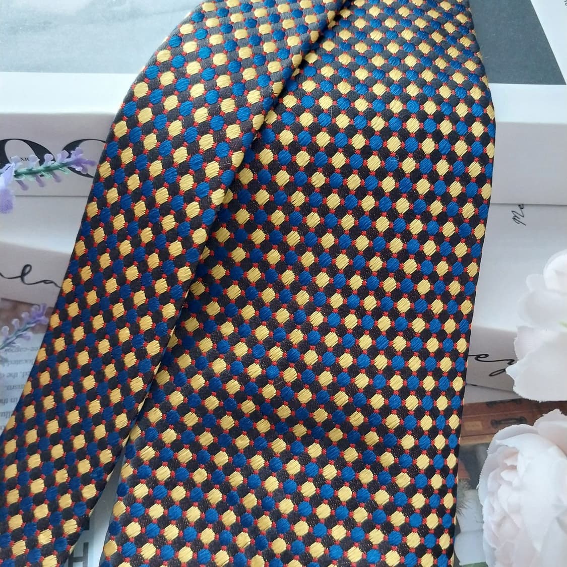 아쿠아스큐텀 실크 네이비 체크 도트 넥타이 9.3cm A+등급 K1215 상품이미지2