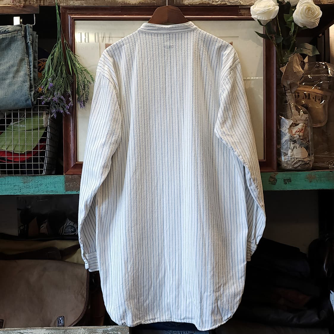 60s 프랑스 워크셔츠 가드너 빈티지 셔츠 스트라이프 화이트 롱 셔츠 L 상품이미지2