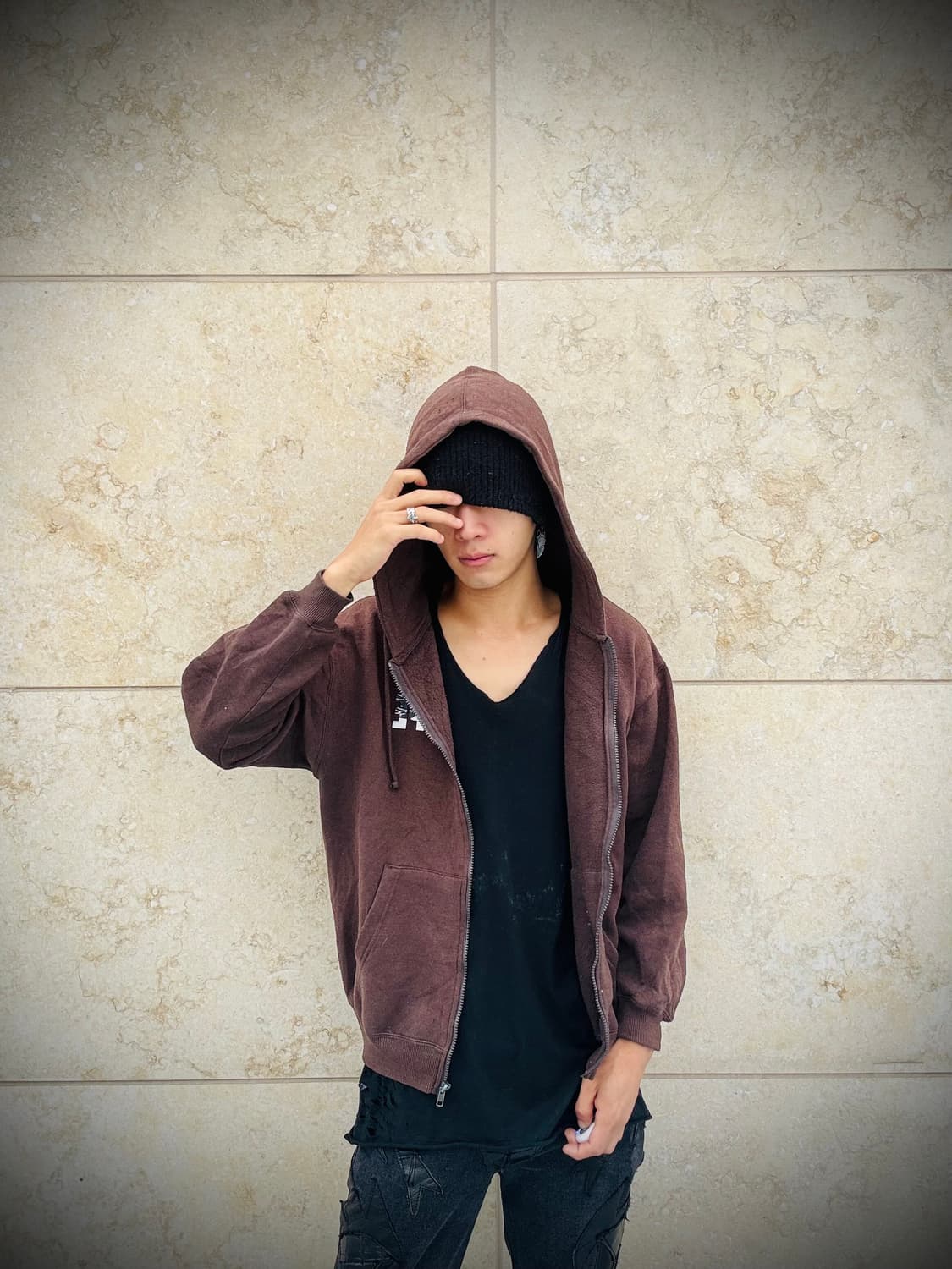 “Vintage” Y2K Print Brown Hoodie zip Up 상품이미지1