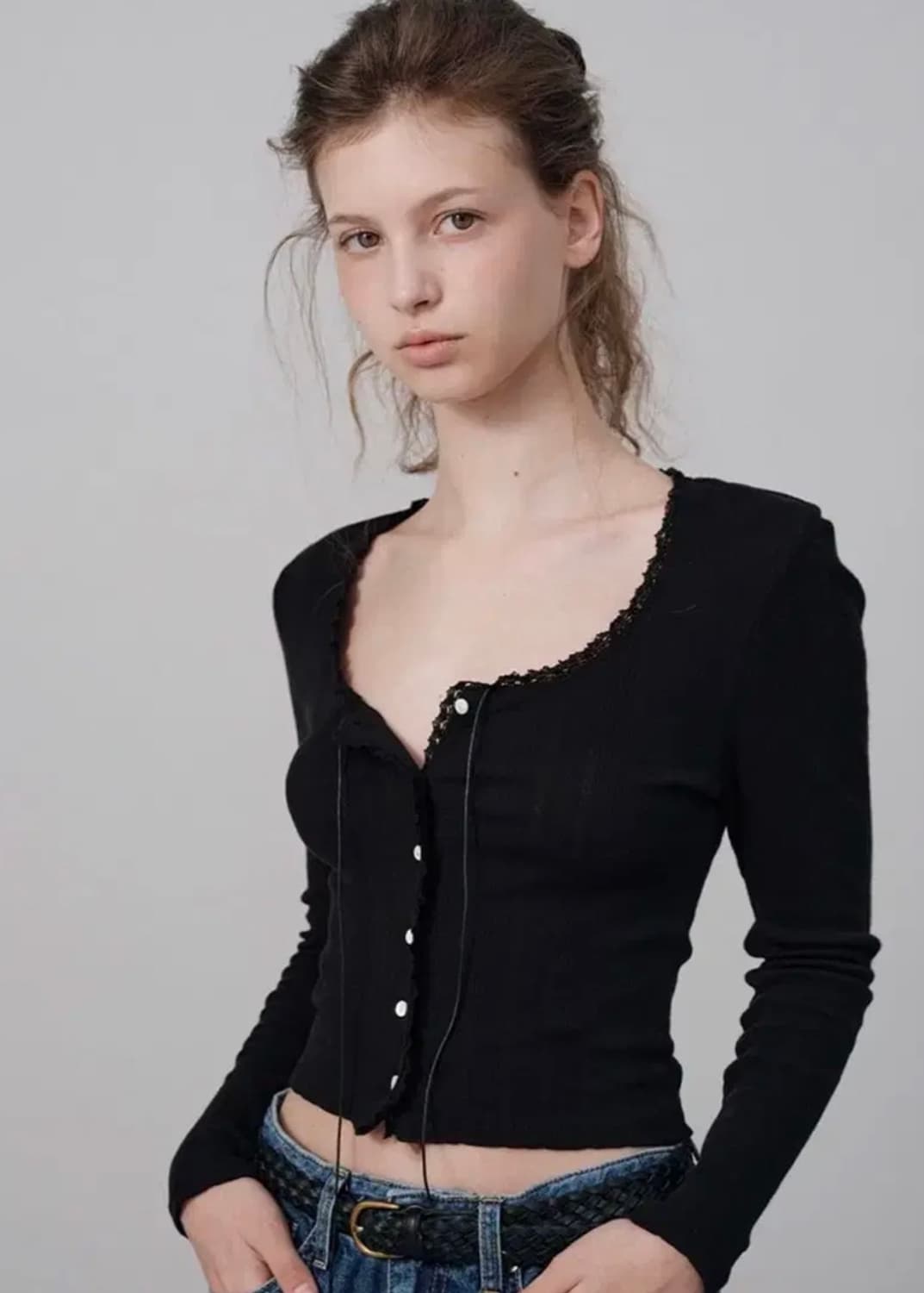 더바넷 라비올리 레이스 버튼 가디건 블랙 상품이미지1