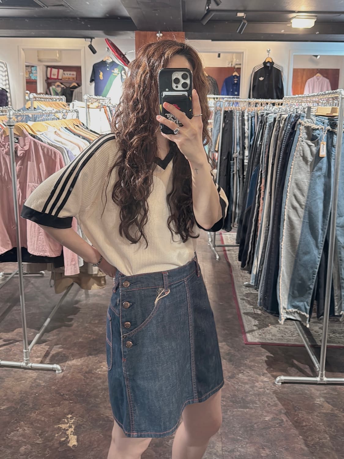 BEAMS 빔즈 보이 생지 버튼 레드 스티치 데님 미니 스커트 30 상품이미지9