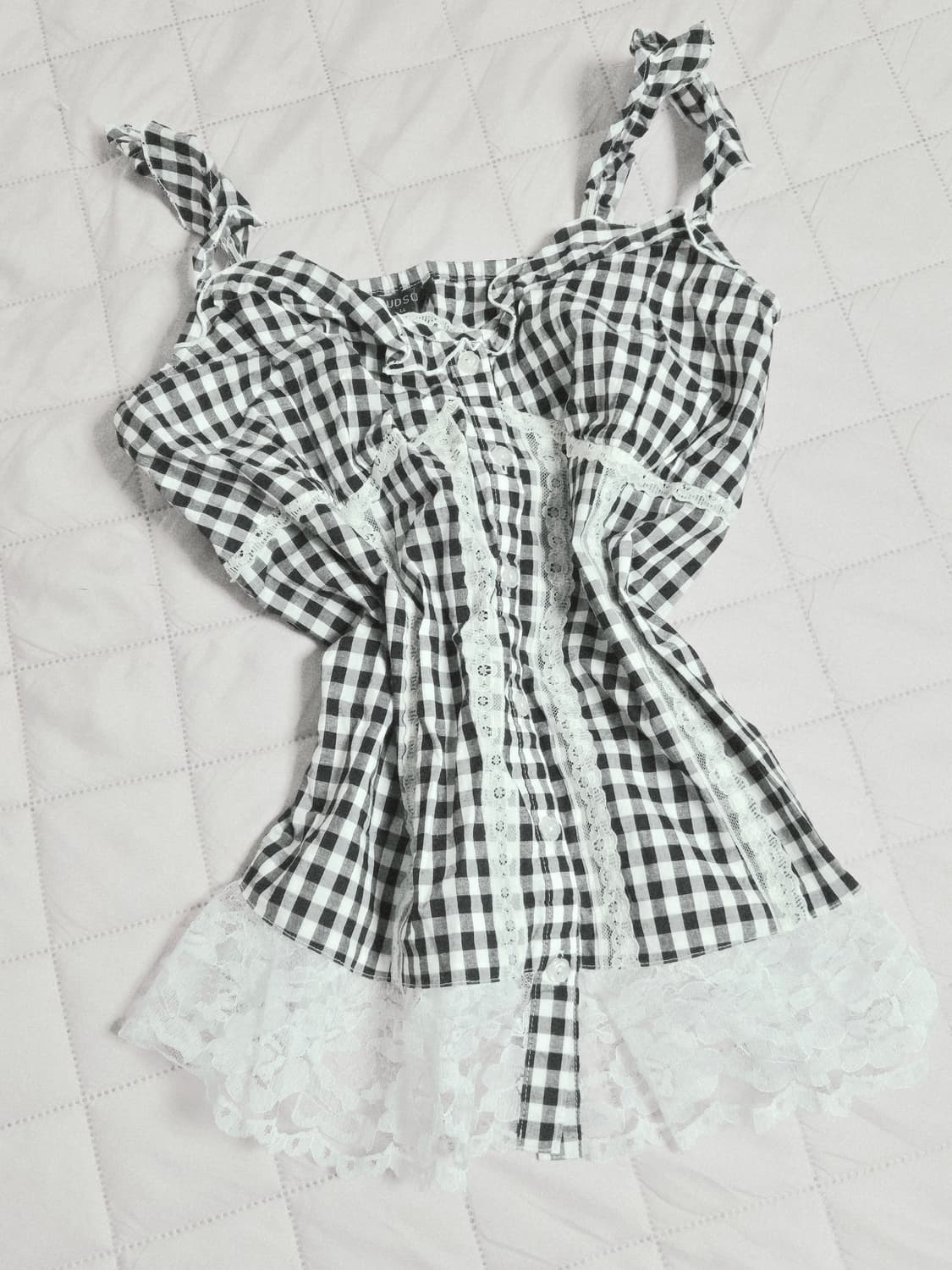 블랙 화이트 무채색 체크 슬리브리스 일브 빈티지 갸루 고딕 레이스 핀터 상품이미지1