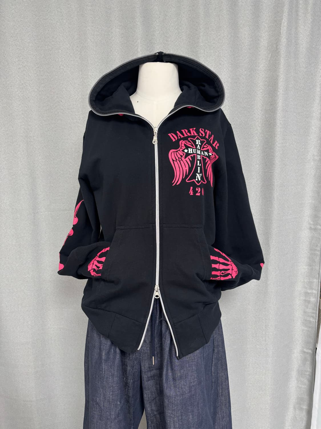 dangerous warning 핫핑크 갸루 펑크 스켈레톤 후드집업 상품이미지7