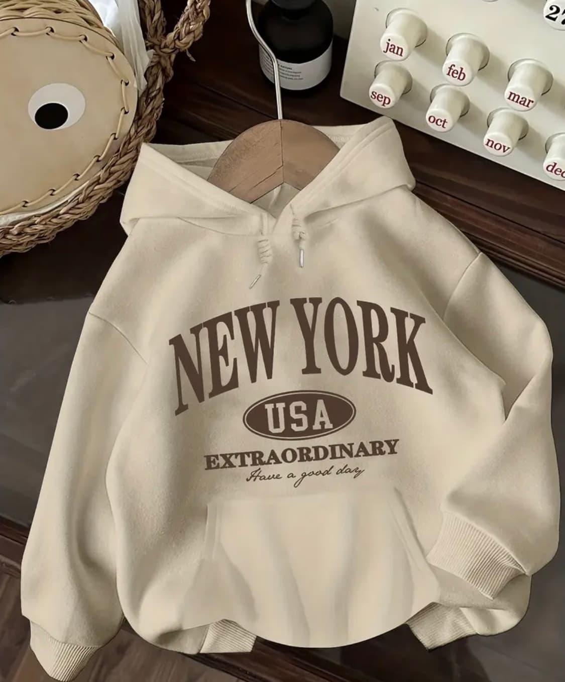 NEW YORK 레터링 기모 후드티 아이보리 S  상품이미지1