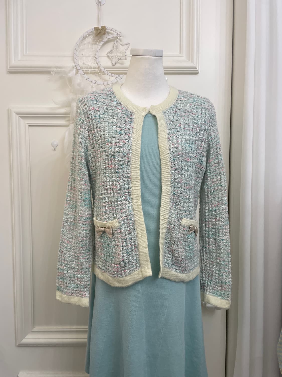 mint tweed bow point lovely cardigan 상품이미지1