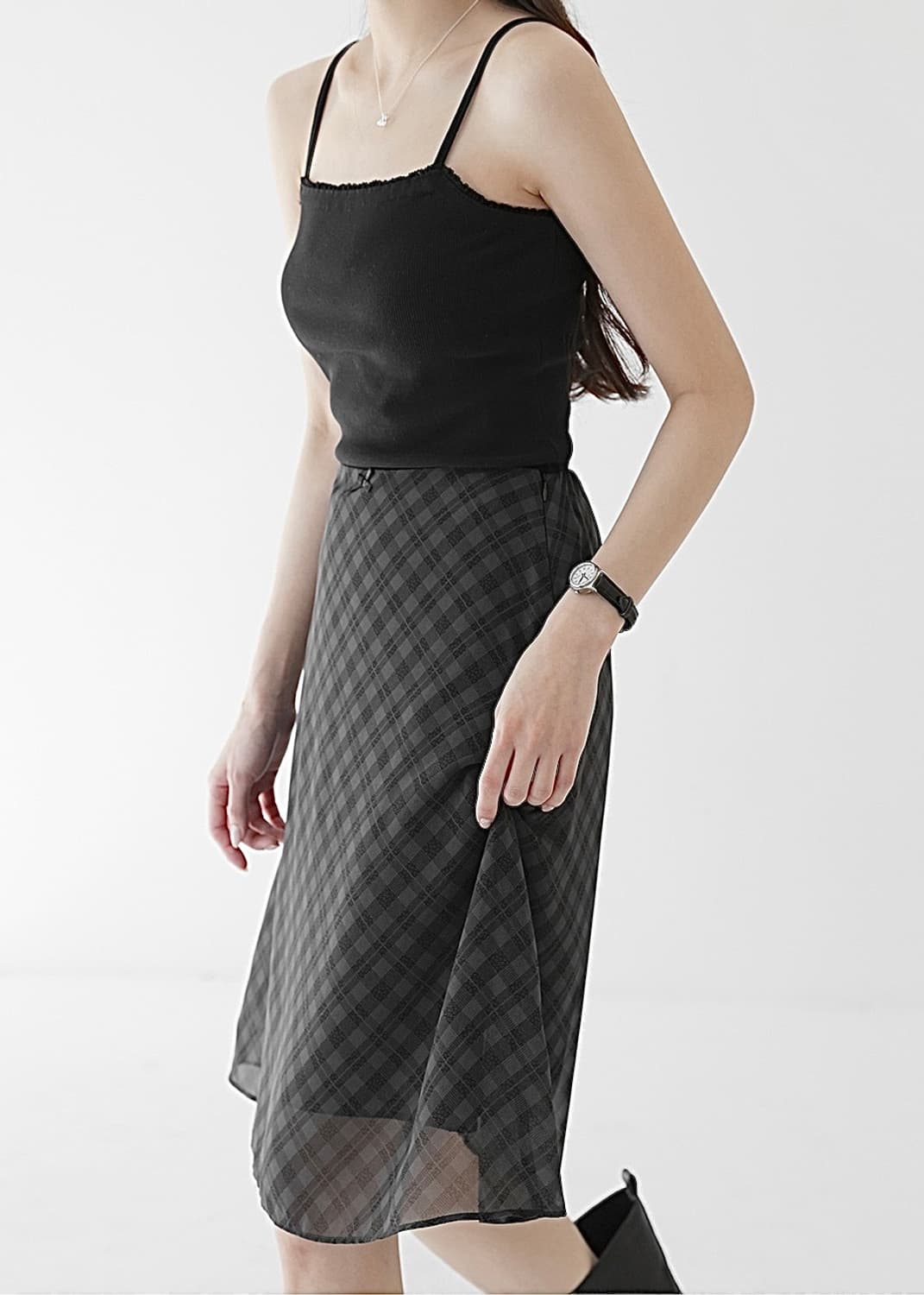 DIVIV 체크 꽃 플라워 블랙 차콜 쉬폰 메쉬 밴딩 플리츠 치마 스커 상품이미지3